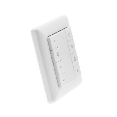 Älykäs kytkin, valkoinen neliömuotoilu aurinko-, sadepisara-, S1- ja S2-painikkeilla; ihanteellinen LED-valaistuksen ohjaukseen; minimalistinen valkoinen tausta.