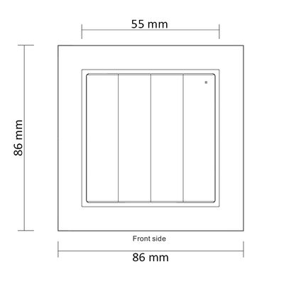 Kaavio, joka esittää edestä katsottuna neliömäisestä valokytkimestä, mitat 86 mm x 86 mm ja merkityt painikkeet, joiden leveys on 55 mm. Ihanteellinen LED-valaistusasennuksiin.