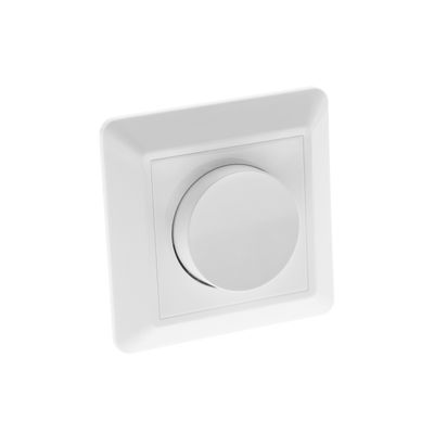 Himmennyskytkin LED-valaistukseen; valkoinen, neliön muotoinen pyöreä kellotaulu, seinään kiinnitetty valkoisella taustalla. Ihanteellinen moderniin kodin valaistuksen ohjaukseen.