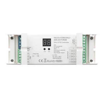 DALI DT8 -ohjain digitaalisella näytöllä ja portilla valkoisella kotelolla, jossa on LED-valaistusjärjestelmien tekniset tiedot.