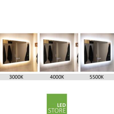 Kolme peiliä LED-valoilla: 3000K lämmin, 4000K neutraali ja 5500K kylmä. Alla on LED-valaistuskaupan logo.