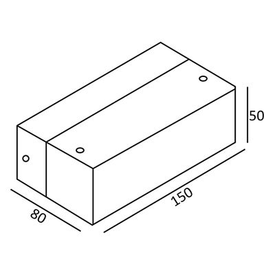 Isometrinen piirros 150x80x50 lohkosta, jossa on reiät päällä ja sivuilla, ihanteellinen LED-valaistusprojekteihin.