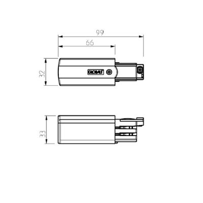LED-valaisimen tekninen piirustus, jonka mitat: ylhäältä 99mm x 66mm, sivulta 32mm x 33mm.
