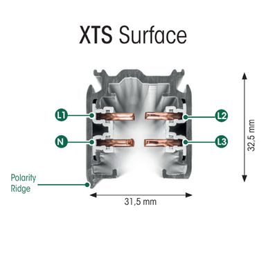 XTS Surface -liittimen poikkileikkaus sisäisillä johdotuksilla (L1, L2, L3, N), mitat 32,5 mm korkeus x 31,5 mm leveys - LED-valaistusliike.