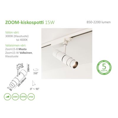 Ratakohdevalokuva suomeksi: valkoinen sylinterivalo kiskossa, joka näyttää tehon, värilämpötilan ja lumenin tekniset tiedot.