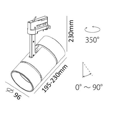 Tekninen kaavio kattoon asennettavasta sylinterimäisestä LED-valaisimesta, jossa on kierto- ja kallistuskulmat; mitat: 230 mm korkea, 195-230 mm leveä, 96 mm halkaisija.