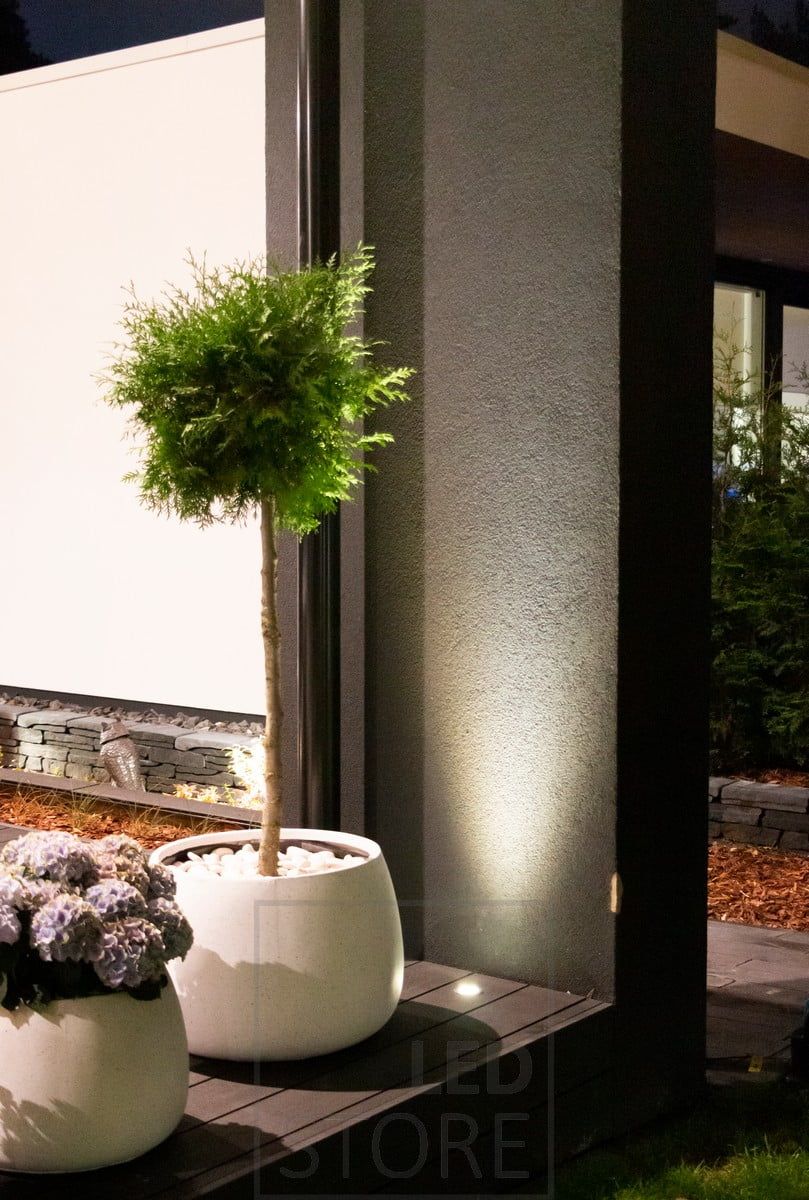 Ylöspäin valaiseva terassiin upotettu spotti käyttää seinää heijasetpintana. Valo myös korostaa kauniisti edessä olevaa kasvia. Ledstore.fi