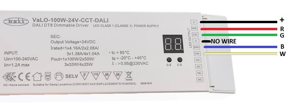 100W DALI DT8 muuntaja ja RGBW led valonauhan kytkentä