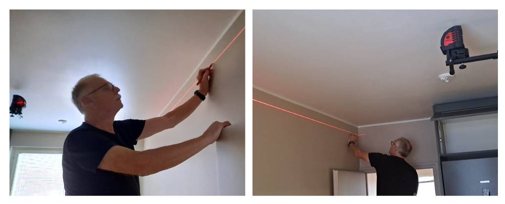 Kiinnikkeiden asennus seinään laserilla suoraksi