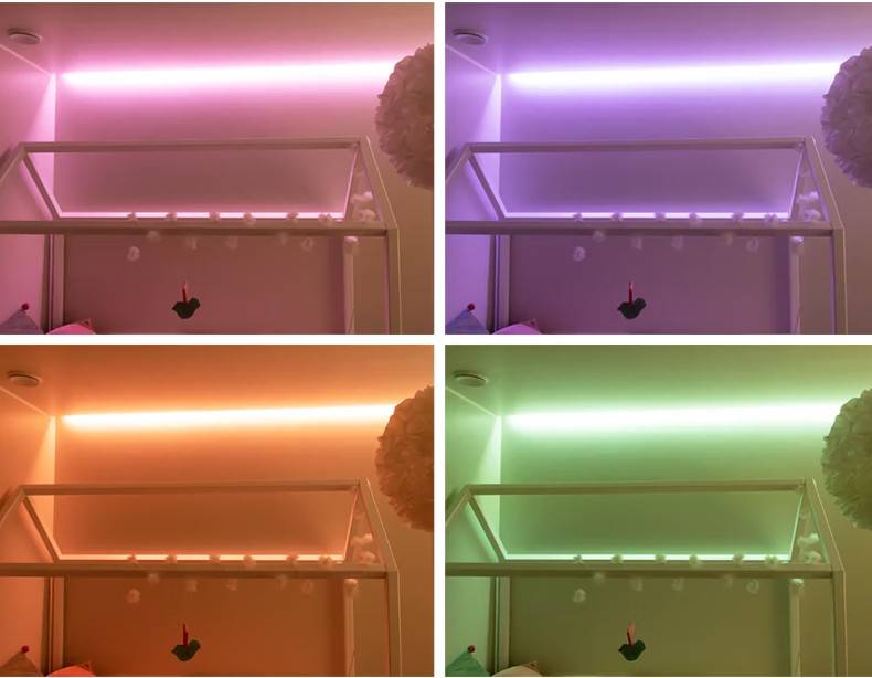 Espoon Kaitamäessä sijaitsevan perheen kodin huoneessa sängynrunko on valaistu LedStore.fi:stä hankitulla LED-nauhoista koostuvalla valaistusratkaisulla, joka tuottaa tunnelmallisia pinkin, violetin, oranssin ja vihreän sävyjä.