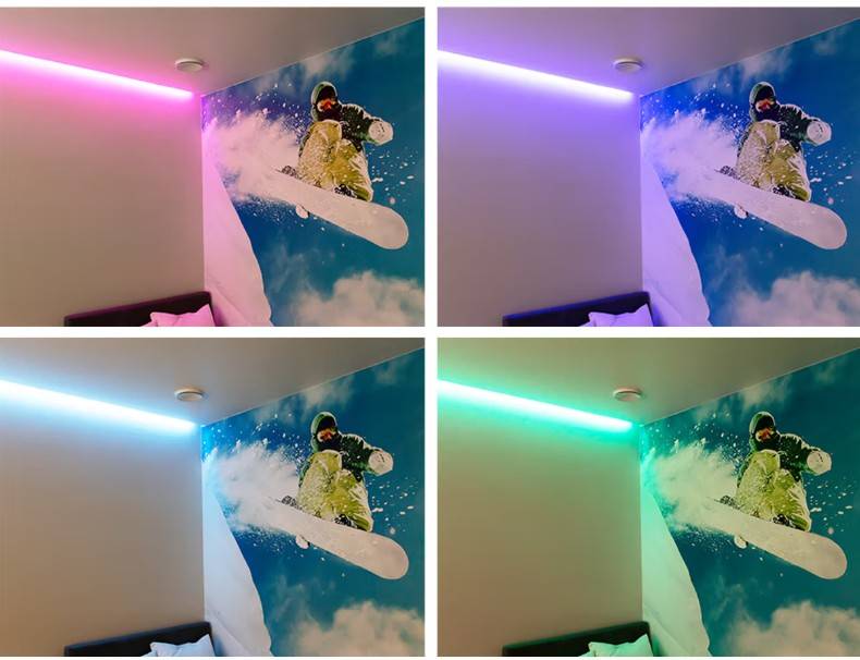 Snowboard-aiheinen seinämaalaus, jota elävöittävät LedStore.fi:n vaihdettavilla väreillä loistavat LED-valot - pinkki, violetti, sininen ja vihreä - luo näyttävän ja dynaamisen valaistuskokonaisuuden espoolaisen perheen kotiin Kaitamäessä.