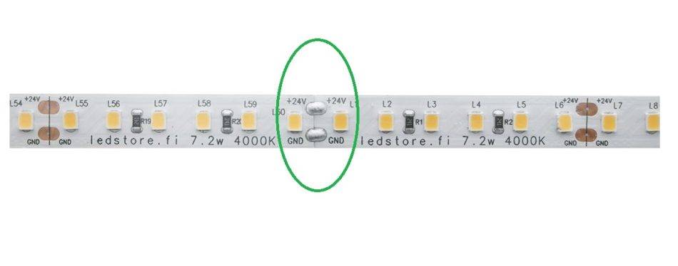 LED valonauhan juotospisteet