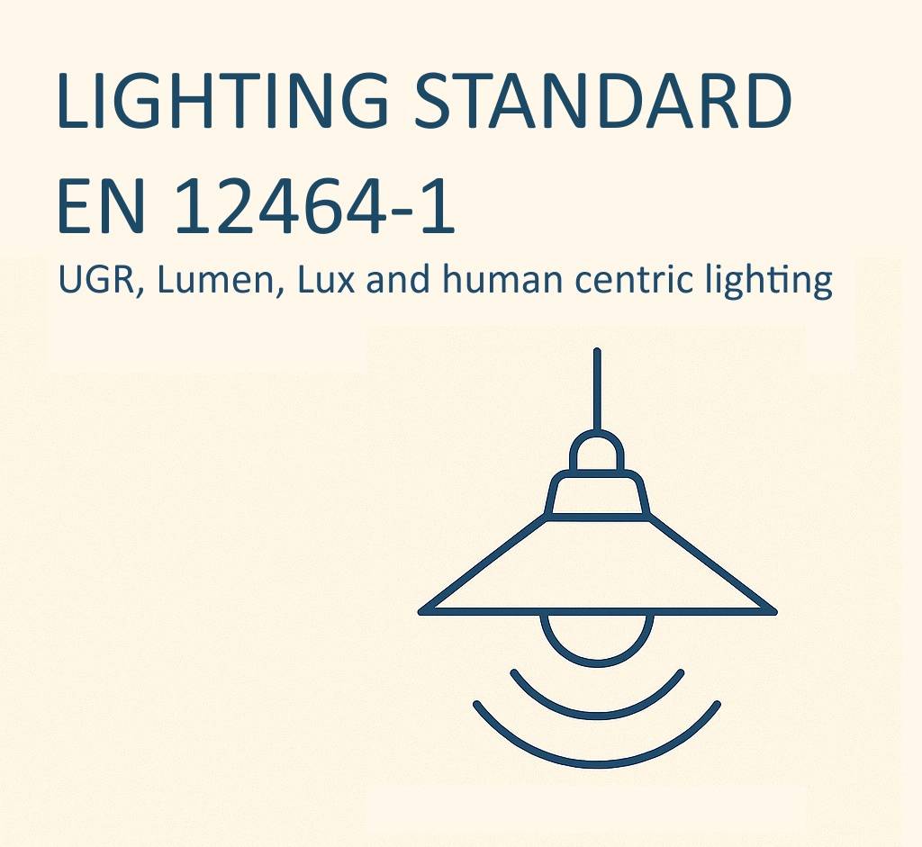 Viivapiirros LedStore.fi:n kattovalaisimesta ja tekstit: EN 12464-1, human-centric-valaistus, UGR, lumenit, luksit.