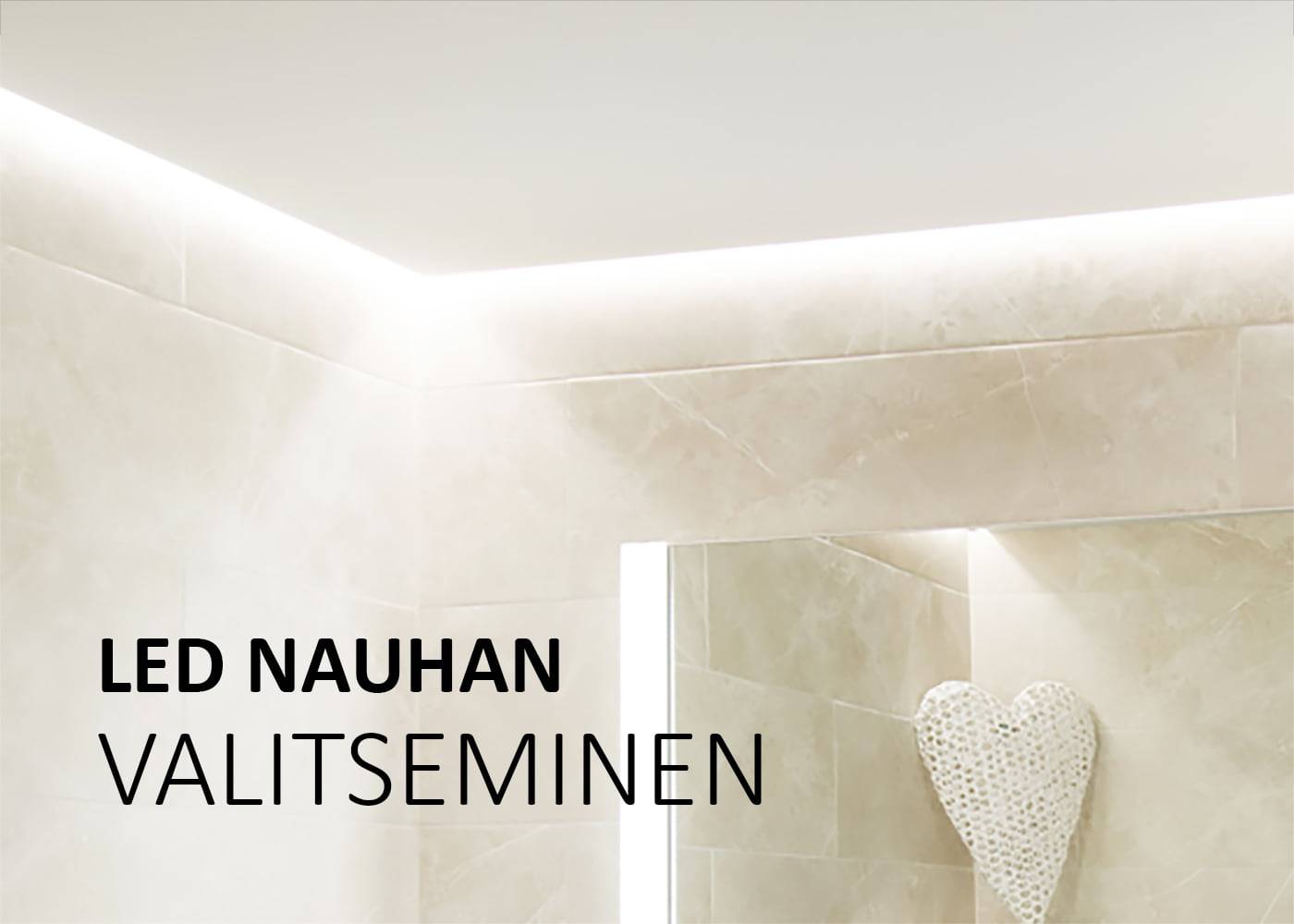 Moderni kylpyhuone, jossa LED-nauhavalaistus katossa, kivisydänsisustus seinässä ja teksti "LED NAUHAN VALITSEMINEN" luovat tyylikkään ja tyylikkään ilmeen.