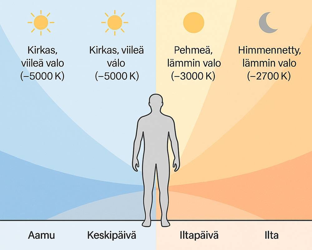 Kuvitus esittelee valon värin ja lämpötilan vuorokauden mukaan, valaistusohjeet EN 12464-1 mukaisesti, suomeksi.