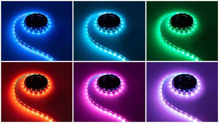Kuusi LED-valonauhaa valaistuna: sininen, vaaleansininen, vihreä, punainen,  pinkki ja violetti.