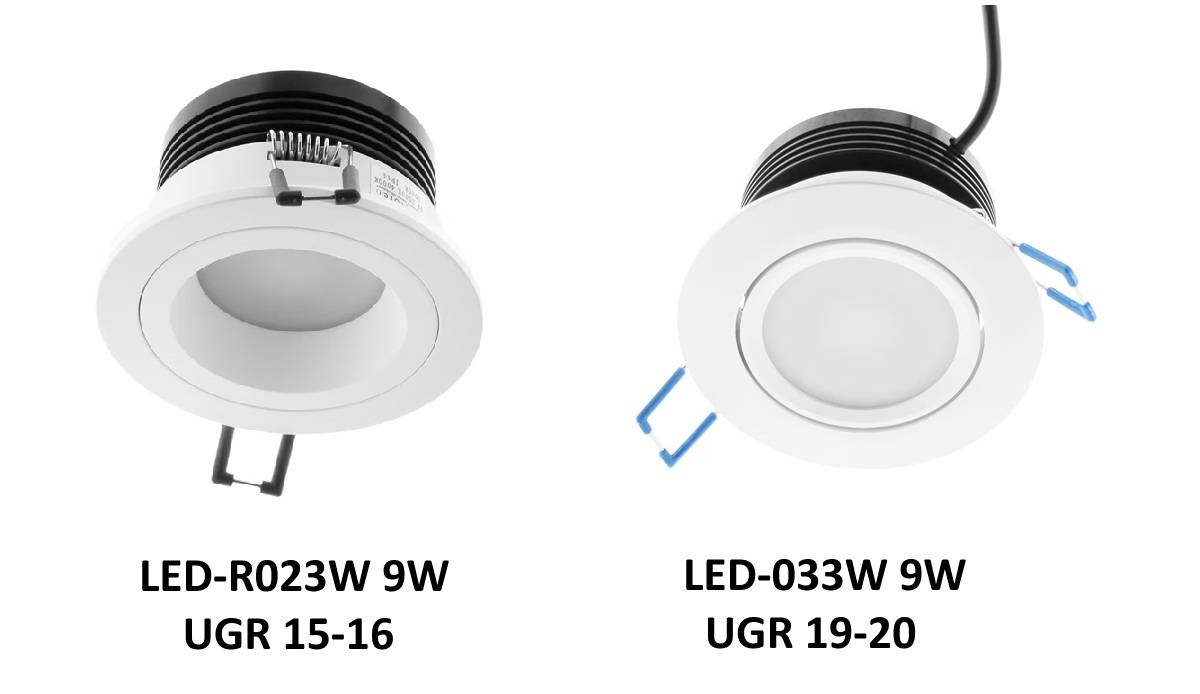 Kaksi valkoista LED-alasvaloa (LED-R023W 9W UGR 15-16, LED-033W 9W UGR 19-20) täyttää EN12464-1 -valaistusstandardin.