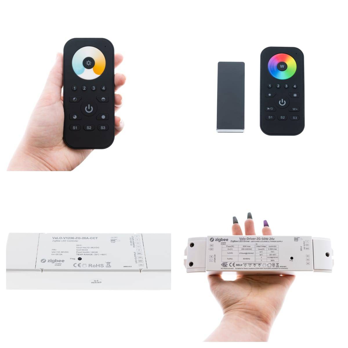 Ylärivissä Zigbee-kaukosäätimiä, valkoisen valon kylmän valkoisesta lämpimän valkoiseen, ja väriä vaihtavalle RGB led-nauhalle. Kaukosäätimissä on magneetti, jolla se kiinnittyy esim. seinään ruuvattavaan telineeseen. Kaukosäätimet ja vastaanottimet, joissa on vastaavat värilämpötilan säätö tai värinvaihtotoiminnot pariliitetään hubiin, jotta niitä voidaan ohjata ja ajastaa monipuolisesti.