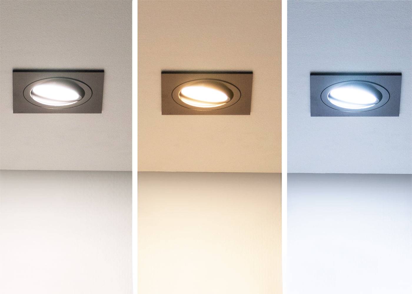 Kolme LED-kattovaloa peräkkäin: lämmin valkoinen, neutraali valkoinen, viileät valkoiset sävyt valaisevat harmaata kattoa kauniisti. Täydellinen valaistuksen kontrasti.