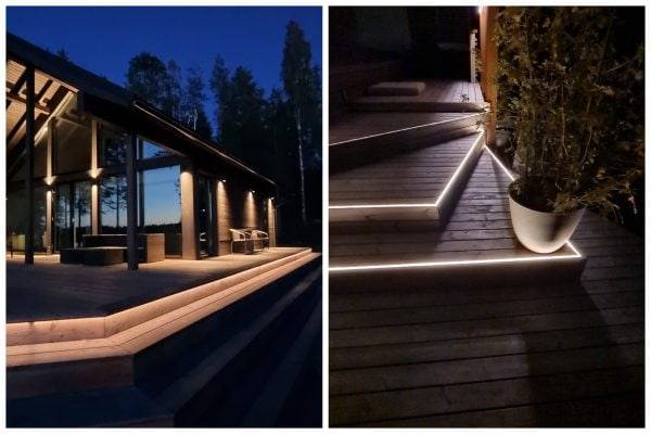 Kaksi kuvaa. Vasen: moderni mökki iltahämärässä valaistu epäsuorilla seinävaloilla. Etualalla porras, jonka reunalaudan alta tuleva valo valaisee askelmaa. OIkea: porrasaskelmien etureunaan lautojen välissä led nauhaa, joka valaisee ylöspäin.
