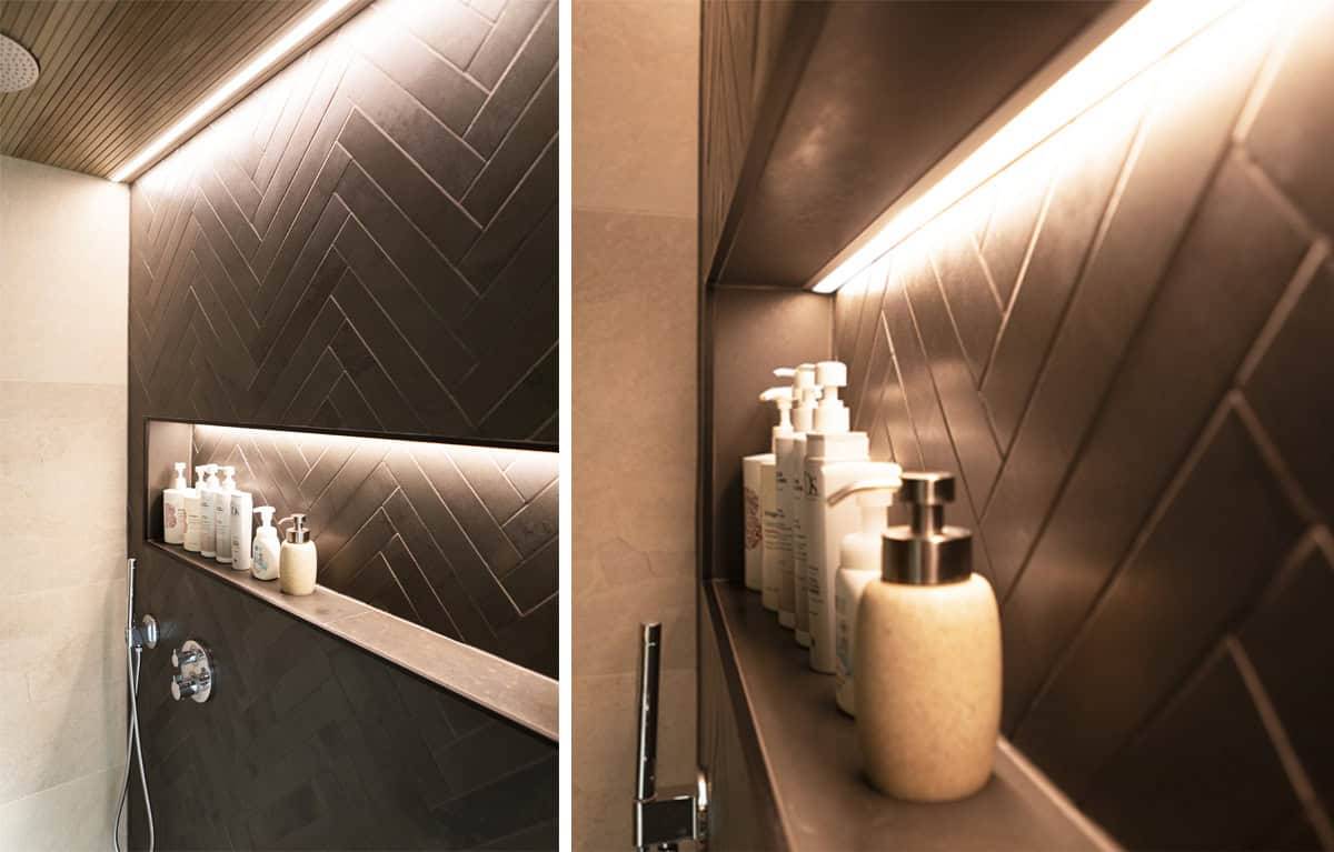 Shampoo hyllyn valaistus led nauhalla.