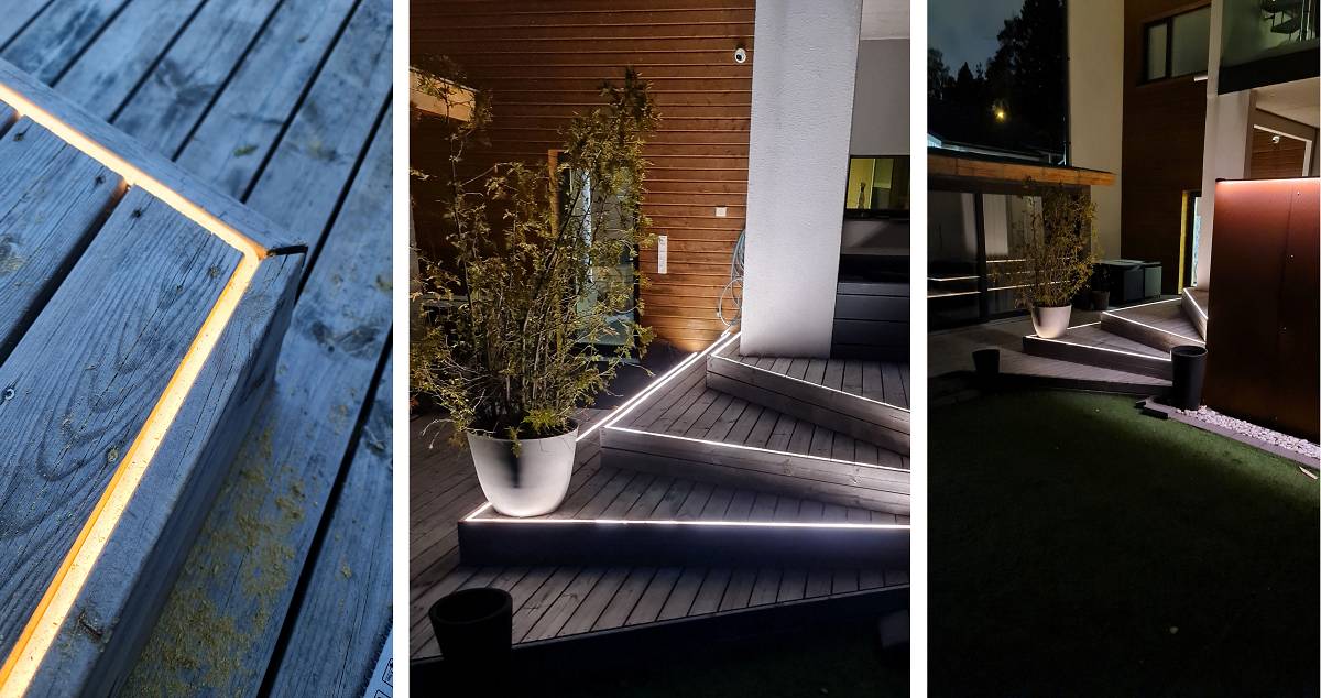 Three-part image of a modern patio at night.<br/>In the first image: Soft LED lighting from LedStore.fi runs along the edges of the wooden terrace.<br/>In the second image: Integrated stair lighting, surrounded by plants.<br/>In the third image: A wide view of the illuminated terrace area, showcasing modern architecture.